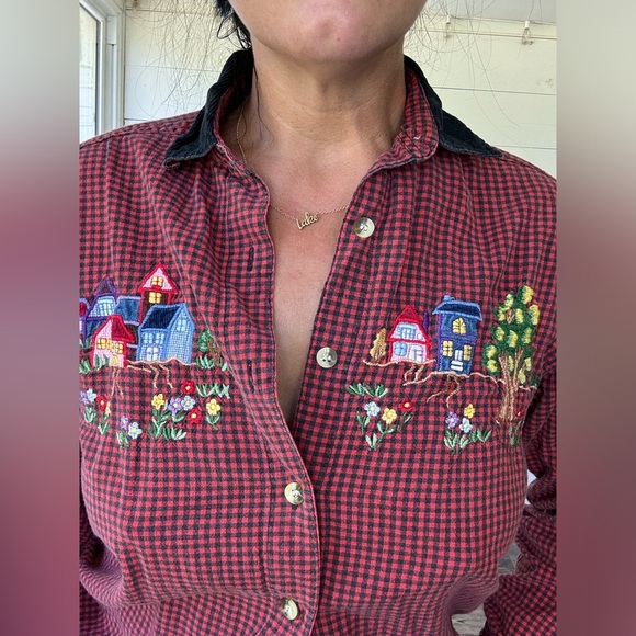 Vintage 90s Y2K Red plaid embroidered Casey & Max button down shirt S - Picture 4 of 6